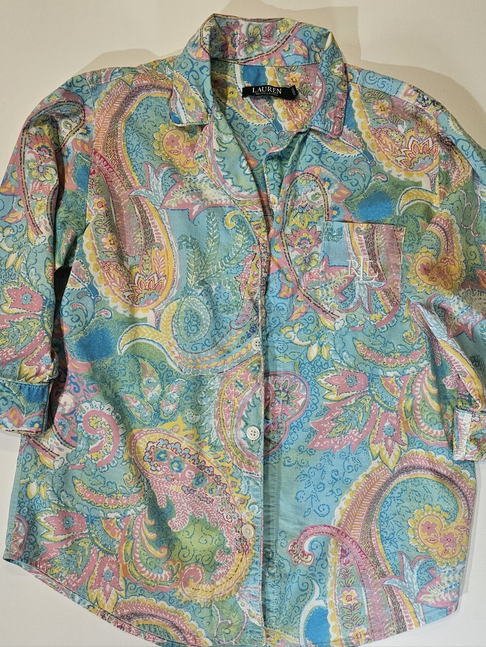 Lauren Ralph Lauren Pajama Top Womens Medium Green Pink Pastel Paisley